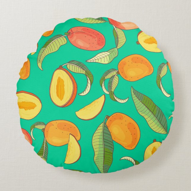 Mango Medley: Tropisch fruitpatroon Rond Kussen (Voorkant)