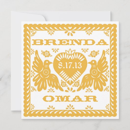 Mango Tortelduifjes Papel Picado Uitnodiging (Voorkant)