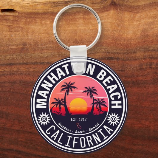Manhattan Beach Ca Retro Sunset Palm Trees 60s Sleutelhanger (Achterkant)
