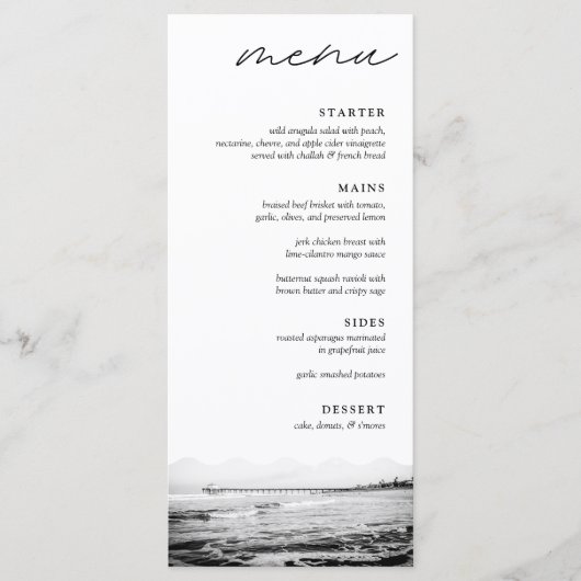 Manhattan Beach Pier Zwart & Wit Huwelijksdiner Menu (Voorkant)