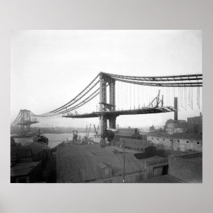 Manhattan Bridge bouw, 1909. Antieke foto Poster