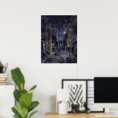 Manhattan Bridge 's Nachts Met Natte Straat Poster (Thuiskantoor)