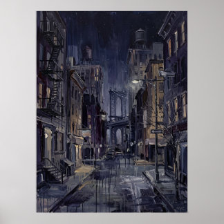 Manhattan Bridge 's Nachts Met Natte Straat Poster