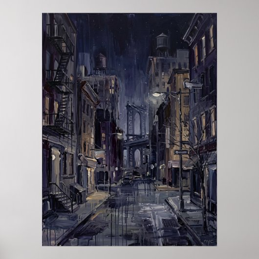Manhattan Bridge 's Nachts Met Natte Straat Poster (Voorkant)