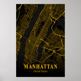 Manhattan City Map Gold NYC Urban Street Map Veren Poster