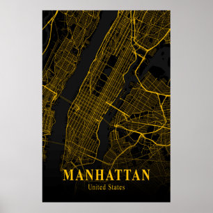 Manhattan City Map Gold NYC Urban Street Map Veren Poster