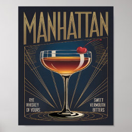 Manhattan Cocktail Art Deco Marineblauwe Bar Poster