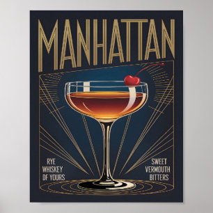 Manhattan Cocktail Art Deco Marineblauwe Bar Poster