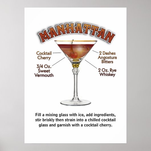 Manhattan Cocktail Recept Kunst 18"x24" Print Post (Voorkant)