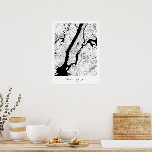Manhattan New York City Modern Monochrome Map Poster (Keuken)