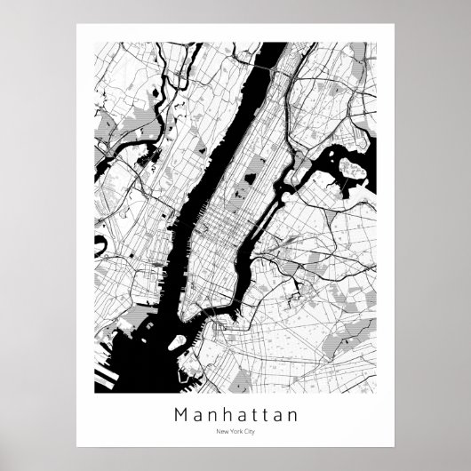 Manhattan New York City Modern Monochrome Map Poster (Voorkant)