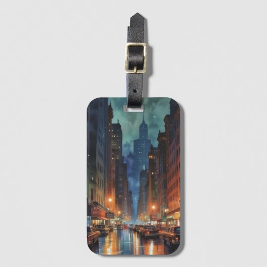  Manhattan New York City Night Painting Bagagelabel (Voorkant (verticaal))