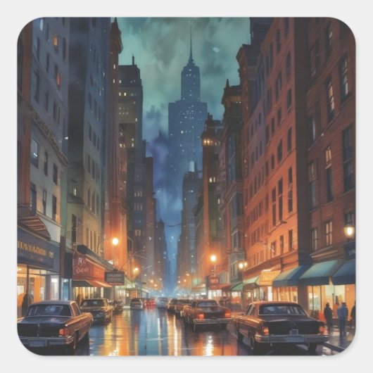 Manhattan New York City Night Painting Vierkante Sticker (Voorkant)