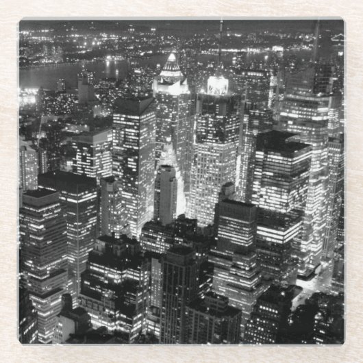 Manhattan New York City Night Zwart-wit Glazen Onderzetter (Voorkant)