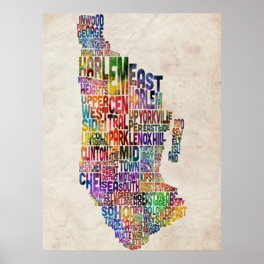 Manhattan New York Typografische Map Poster (Voorkant)