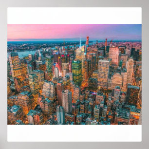 Manhattan Silhouette Zonsondergang Gloed   Gouden  Folie Afdrukken