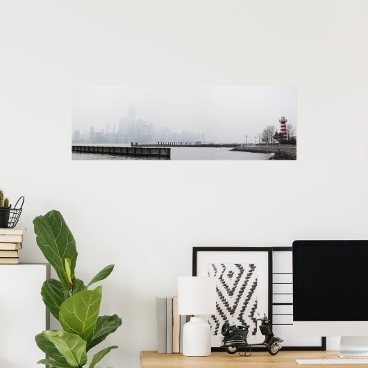 Manhattan Skyline in Fog met vuurtoren Poster (Thuiskantoor)