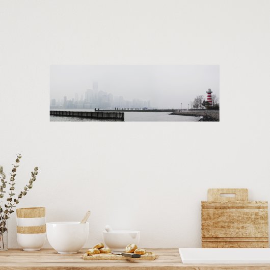Manhattan Skyline in Fog met vuurtoren Poster (Keuken)