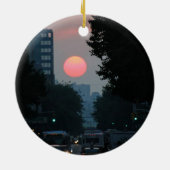 Manhattanhenge: plaatsende rozeachtige oranje zon keramisch ornament (Achterkant)