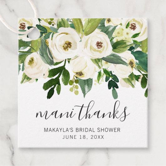 Mani Dank U Elegante Witte Bloemige Bruids-Shower Bedankjes Labels (Voorkant)