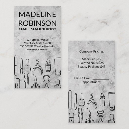 Manicure Tools | Marmeren achtergrond Afsprakenkaartje (Voorkant / Achterkant)