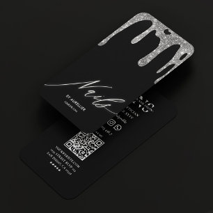 Manicurist Nail Tech Elegant Zwart Zilver Drip Visitekaartje