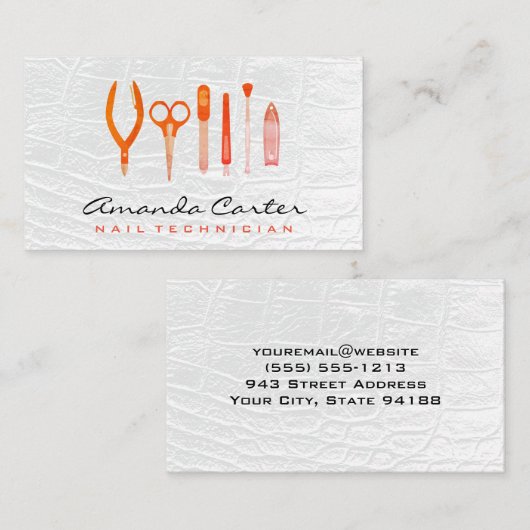 Manicurist Nail Tools | Witte lederen achtergrond Visitekaartje (Voorkant / Achterkant)
