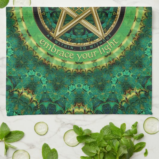 Manifest Your Magic Golden Pentacle Nature Green Theedoek (Gevouwen)