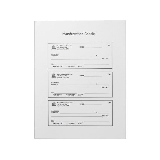 Manifestatie controleert geld blanco cheques notitieblok (Linkerzijde)