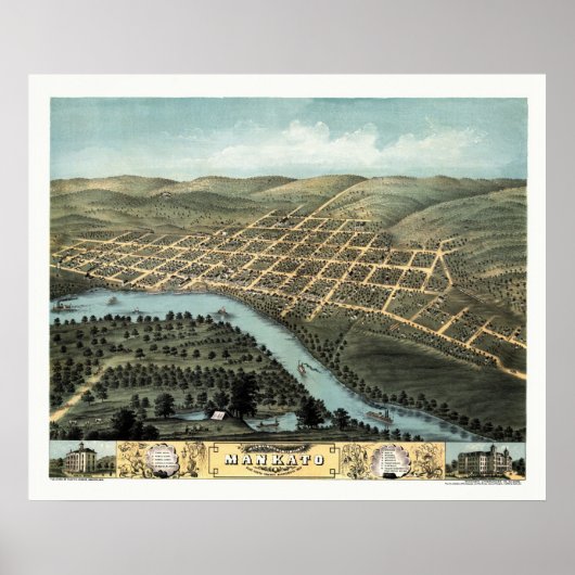 Mankato, MN Panorama Map - 1870 Poster (Voorkant)