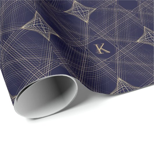 Manly Diamond Pattern Navy Blue Taupe Monogrammed Cadeaupapier (Rol Hoek)