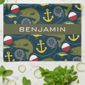 Manly Fisherman Pattern met Custom Name Theedoek (Gevouwen)