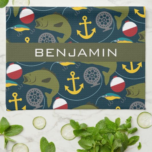 Manly Fisherman Pattern met Custom Name Theedoek (Gevouwen)