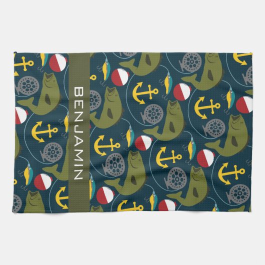 Manly Fisherman Pattern met Custom Name Theedoek (Horizontaal)