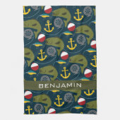 Manly Fisherman Pattern met Custom Name Theedoek (Verticaal)