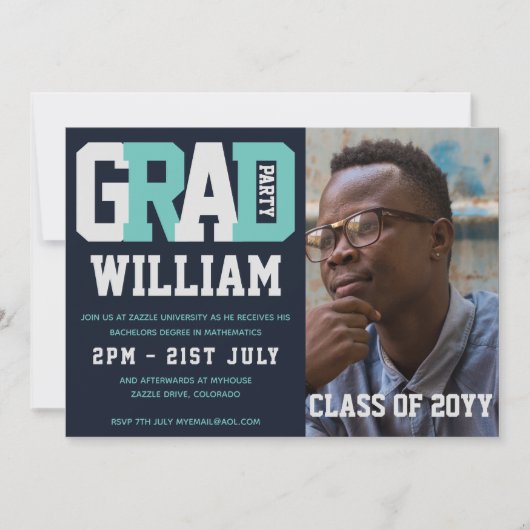 Mannelijk AFSTUDEREN PHOTO-uitnodiging Blue Turquo Kaart (Voorkant)
