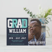 Mannelijk AFSTUDEREN PHOTO-uitnodiging Blue Turquo Kaart (Staand voorkant)