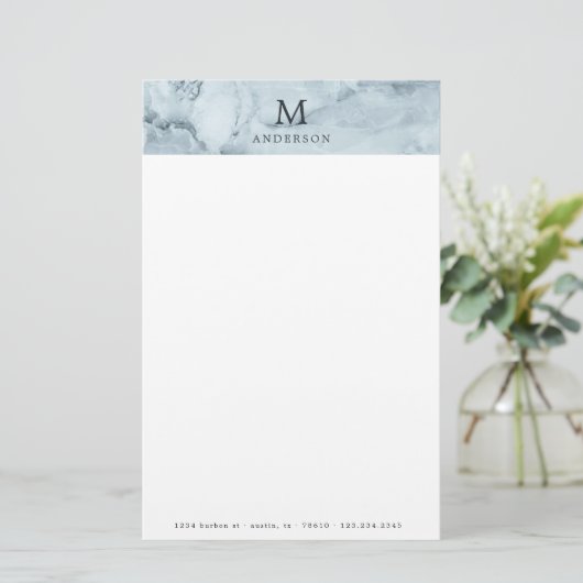 Mannelijk blauw marmer monogram briefpapier (Staand voorkant)