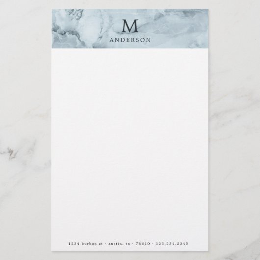 Mannelijk blauw marmer monogram briefpapier (Voorkant)