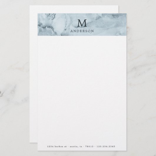 Mannelijk blauw marmer monogram briefpapier (Voorkant / Achterkant)