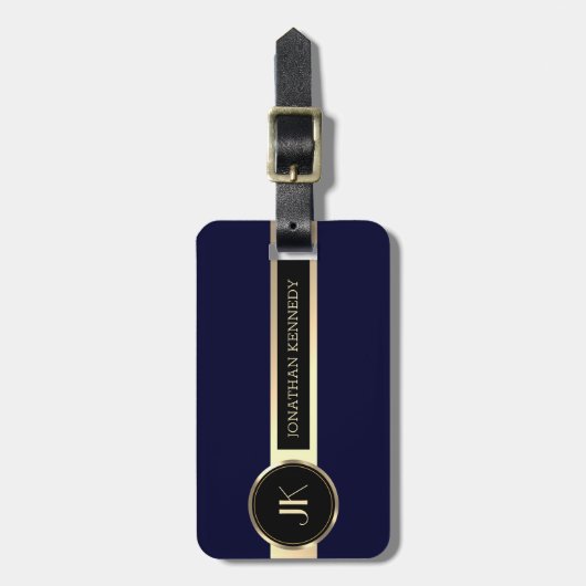 Mannelijk Executive Blauw & Goud Metaal monogram Bagagelabel (Voorkant verticaal)