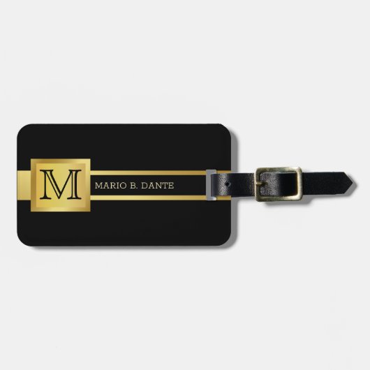 Mannelijk Executive Zwart & Zilver Metalen monogra Bagagelabel (Voorkant horizontaal)