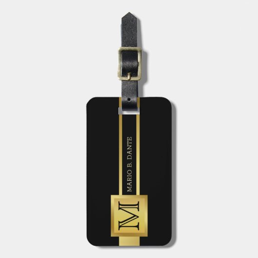 Mannelijk Executive Zwart & Zilver Metalen monogra Bagagelabel (Voorkant verticaal)