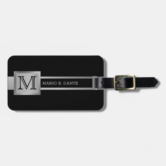 Mannelijk Executive Zwart & Zilver Metalen monogra Bagagelabel (Voorkant horizontaal)