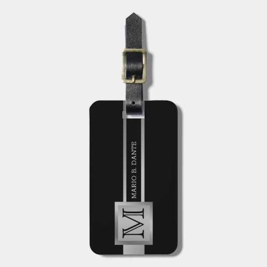 Mannelijk Executive Zwart & Zilver Metalen monogra Bagagelabel (Voorkant verticaal)