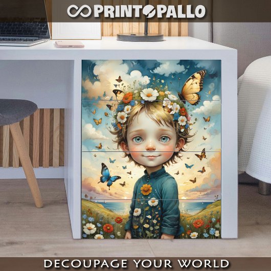 Mannelijk kind met bloemen en vlinder in het voorj tissuepapier