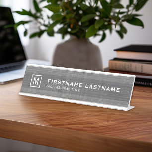 Mannelijk linnen uiterlijk met naam titel monogram bureau naambordje