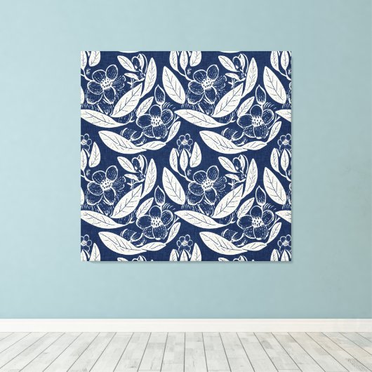 Mannelijk marineblauw effect Indigo bloemenprint Canvas Afdruk (Insitu (Houten vloer))