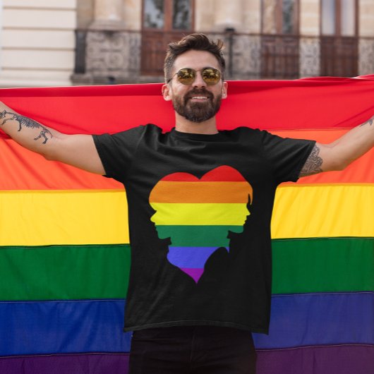Mannelijk Paar Regenboog Vlag Pride Silhouet Monog T-shirt