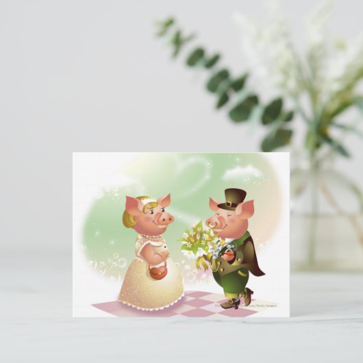 Mannelijk varken geeft bloemen aan een vrouw varke briefkaart (Staand voorkant)